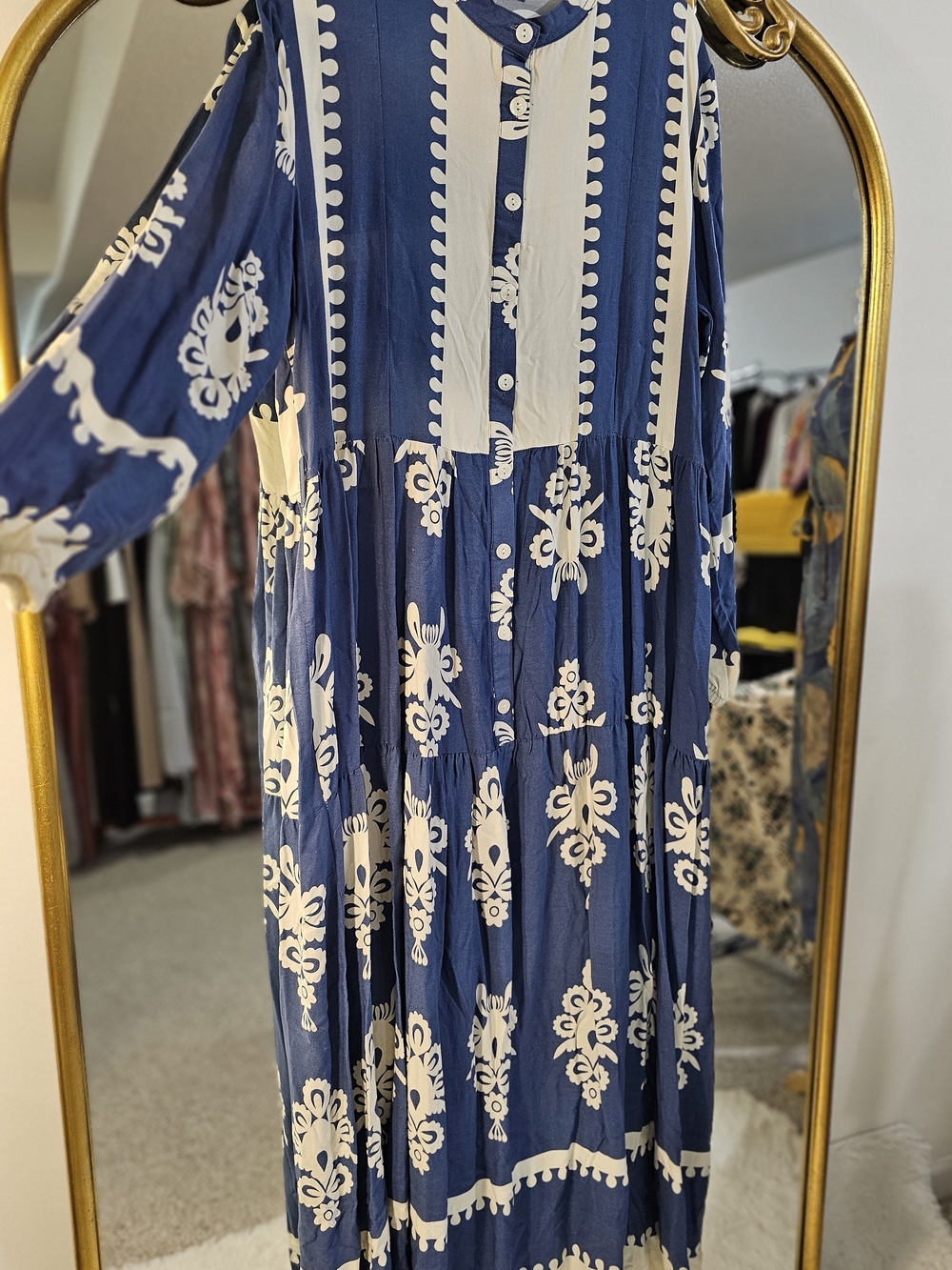 Modest Women's Blue and Cream Printed Button-Up Maxi Dress Size Xl 46 Turkish